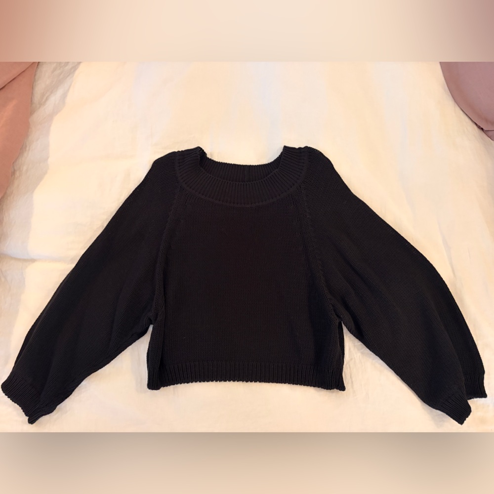 The Row Black Wide Cotton/Cashmere Crew Neck Sweater, Size Small
